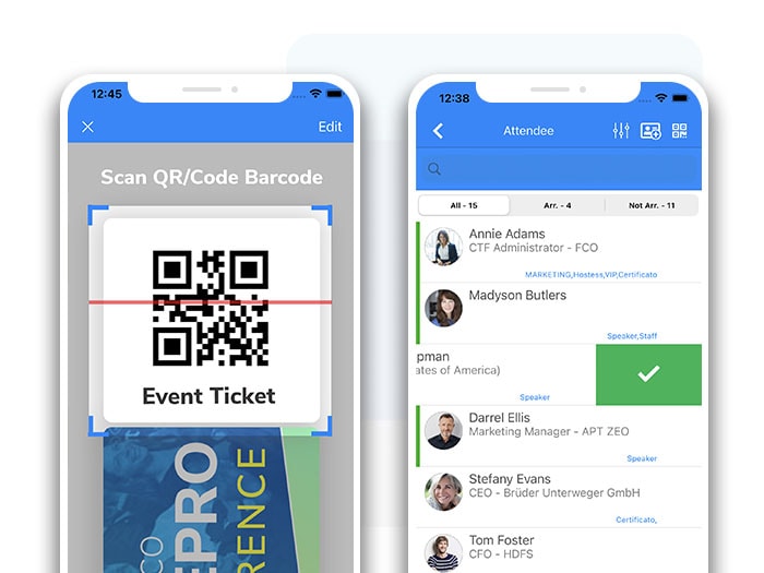 SharEvent branded event app on two smartphones: QR code check-in and attendee list