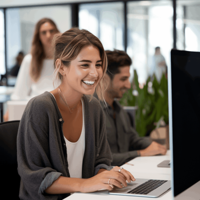 Smiling woman working at a laptop in an office with colleagues