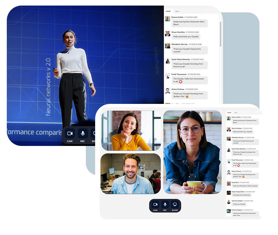 Training webinar with speaker, video conferencing and chat in SharEvent