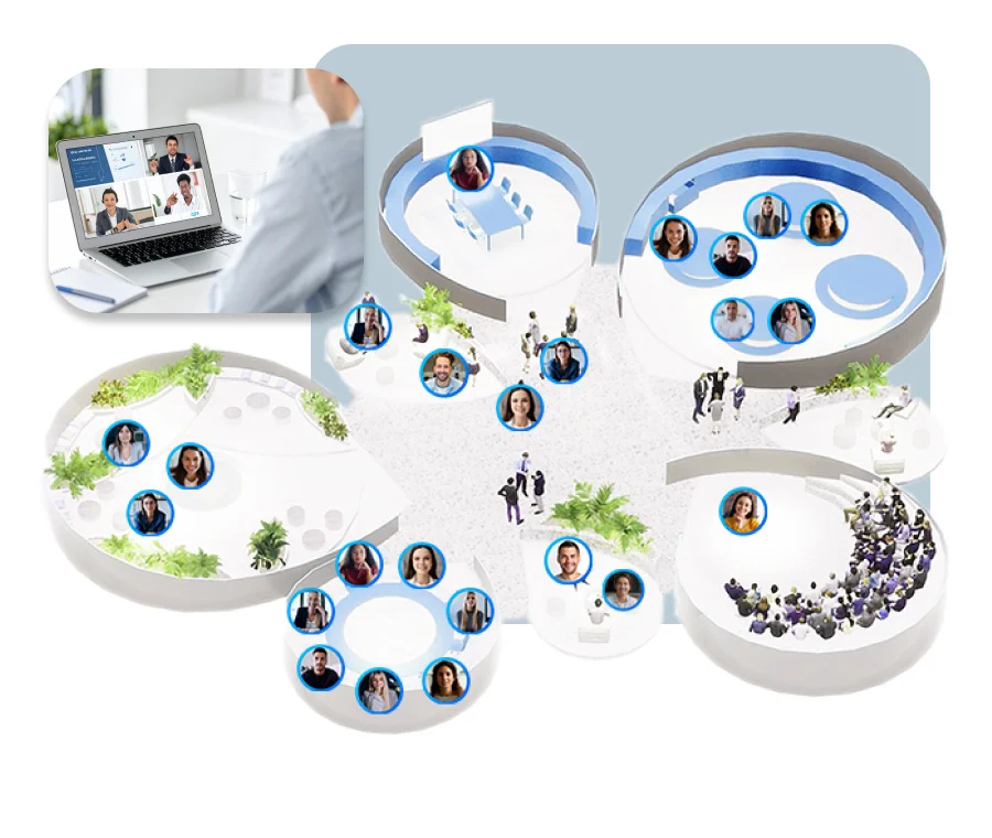 Immersive SharEvent 3D environment with rooms, exhibition spaces and connected attendees