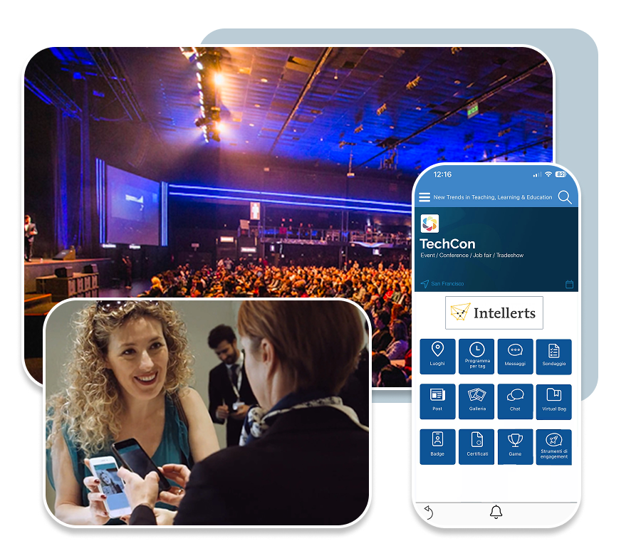 Conference with an audience in the hall, networking and the SharEvent event app