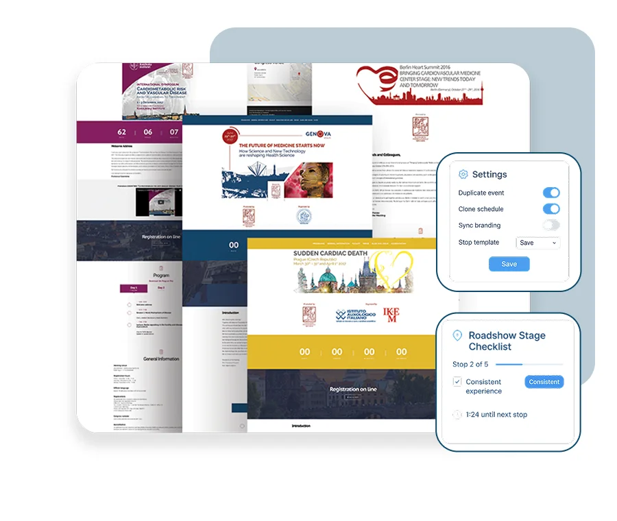 SharEvent multi-event management with duplicated microsites for the stops of a roadshow