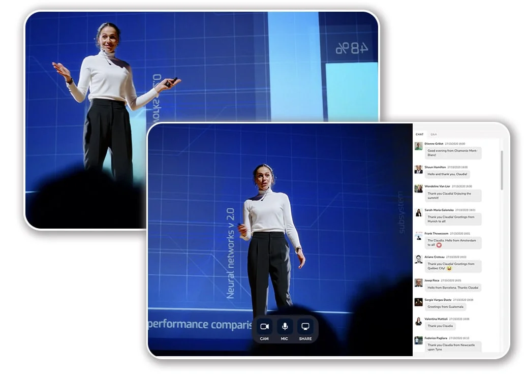 Speaker on stage at a hybrid event streamed live with online chat in SharEvent