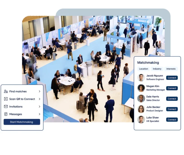 Virtual exhibition space of a trade fair with stands and matchmaking area in SharEvent