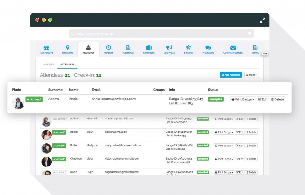 SharEvent dashboard for preparing an event with guest list and registrations