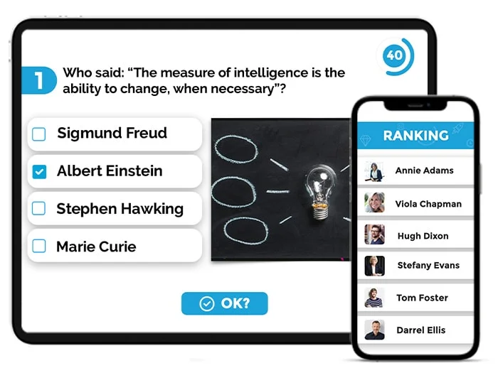 SharEvent live quiz with answer options and attendee leaderboard
