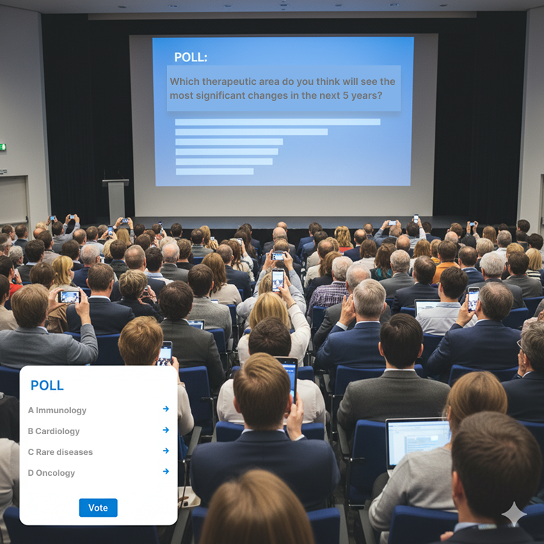 Audience in the hall at an event with a live poll shown on screen through SharEvent