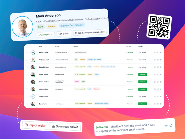 SharEvent attendee records with profiles, data and QR codes