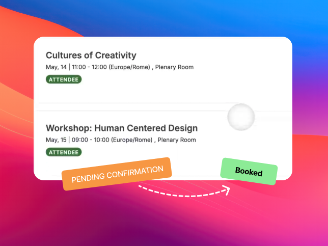 Personalised event schedule with bookings and status in SharEvent