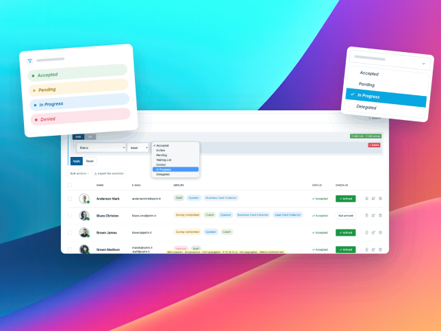 SharEvent Dashboard mit erweiterten Filtern zur Überwachung der Anmeldungen