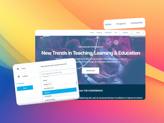 An event website in SharEvent with navigable menu and pages