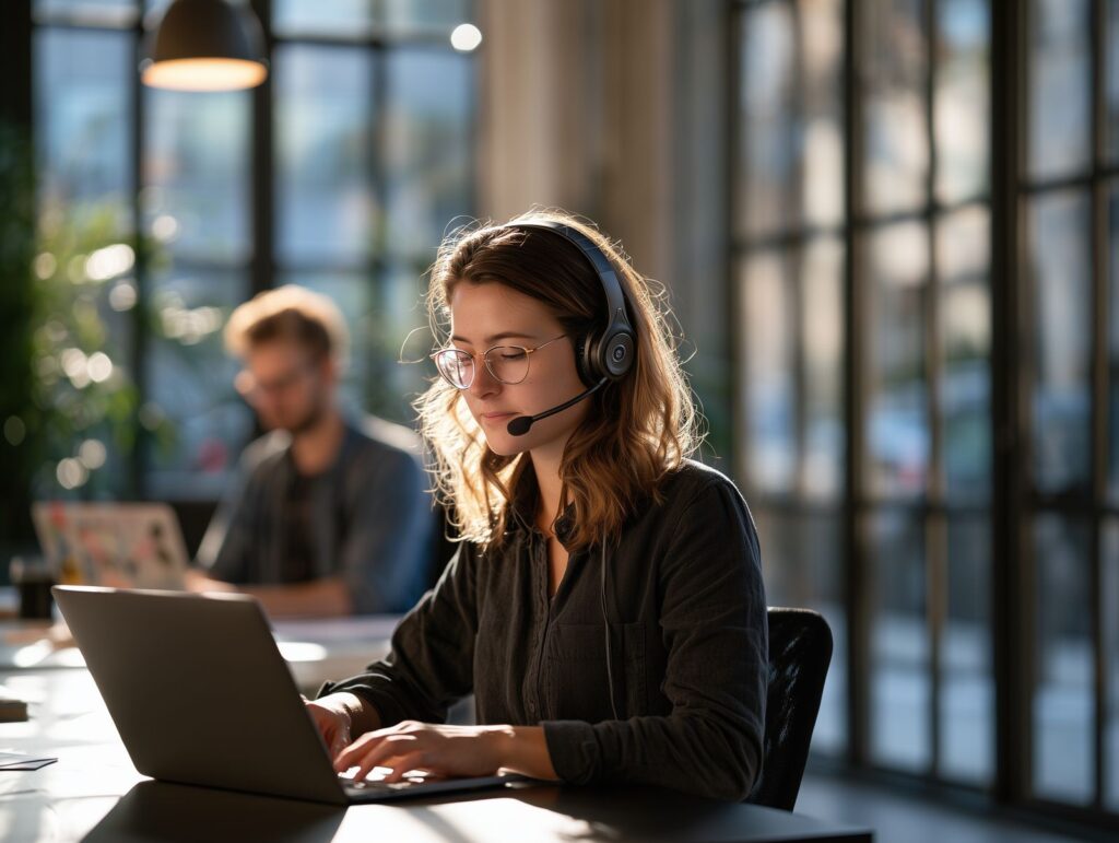 Support at a laptop with a headset