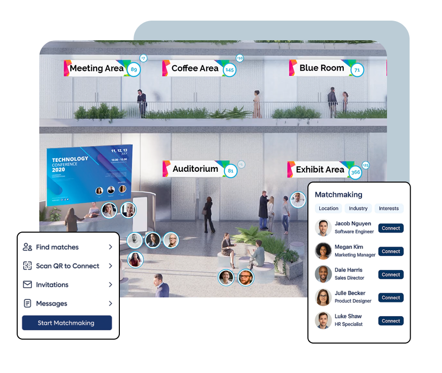 SharEvent 3D virtual event environment with themed rooms and matchmaking area