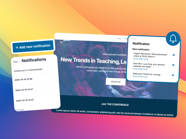 SharEvent event website with popups and notifications for visitors