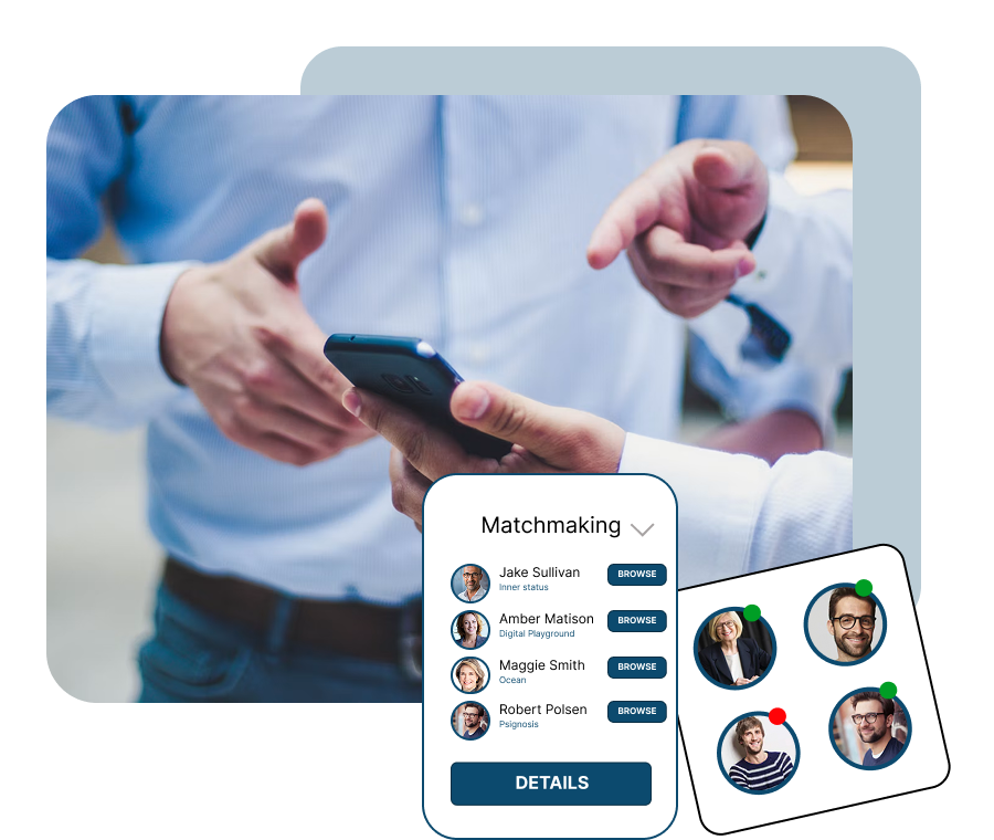 Two attendees networking at an event, using SharEvent matchmaking to find and contact other guests