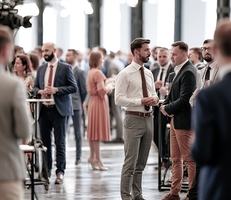 Profesionales en traje formal haciendo networking durante un evento de empresa