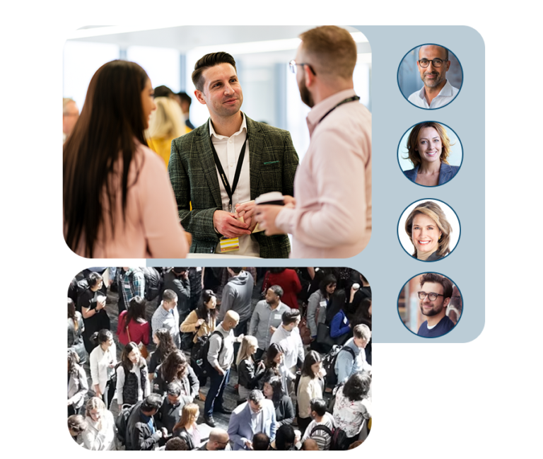 Attendees at an open day networking, with the profiles of those present shown in SharEvent