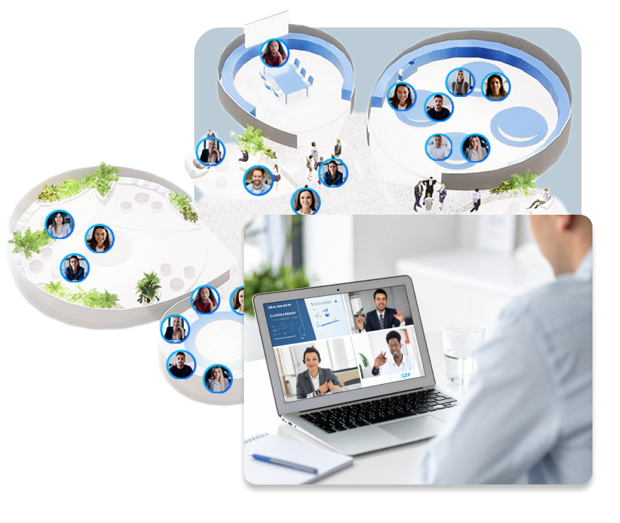 Virtual job fair with 3D spaces and video calls between recruiters and candidates in SharEvent