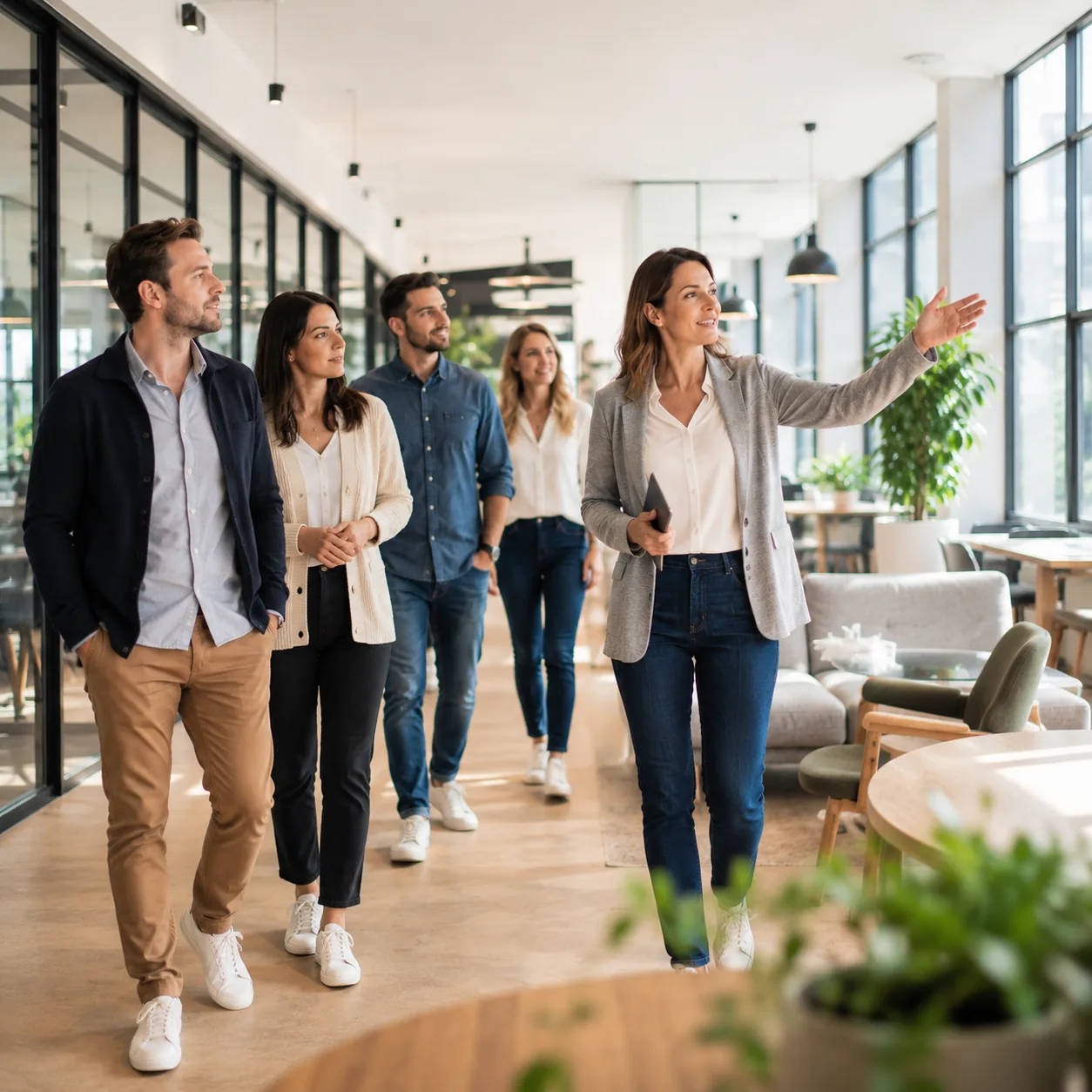 Visiteurs guidés dans un espace de travail lors d'une journée portes ouvertes
