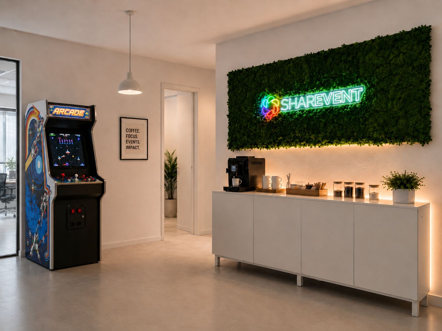 Break-out area with coffee corner, arcade cabinet and a SharEvent neon sign