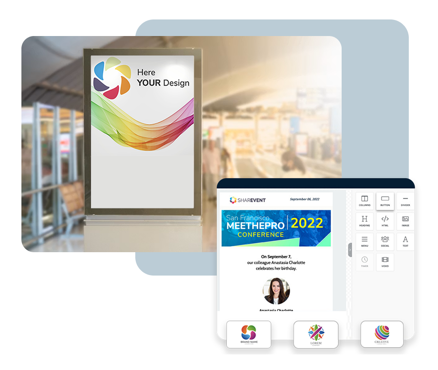 SharEvent drag-and-drop editor for creating branded event communications and materials, next to a customisable display totem