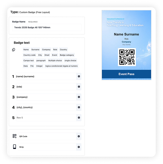 Designing the event badge in SharEvent, with the printed fields and the preview of the pass