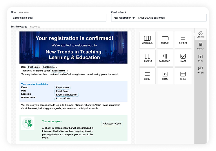 Composing the registration confirmation email in the SharEvent editor, with the content blocks panel