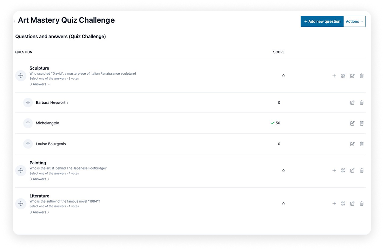 Managing quiz questions and answers with scores in SharEvent