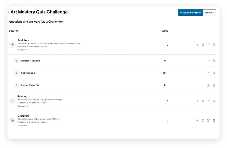 Gestion des questions et réponses du quiz avec les scores dans SharEvent
