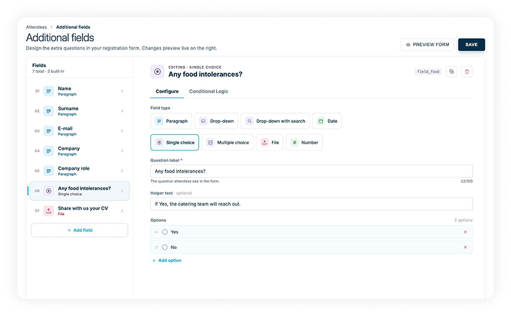 Adding extra questions to the registration form in SharEvent, with field type and answer options