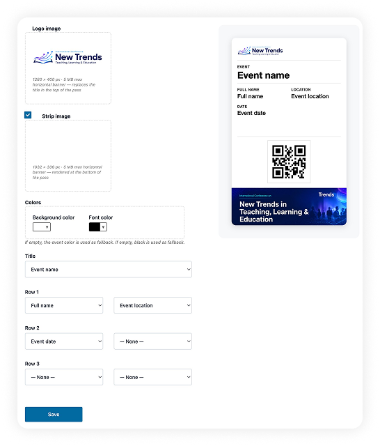 Setting up the digital wallet pass in SharEvent, with logo, colours and preview of the pass