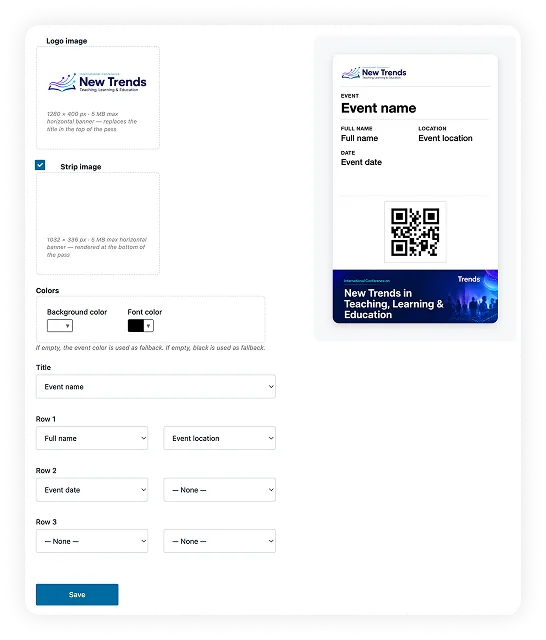 Configuration du pass numérique pour le wallet dans SharEvent, avec logo, couleurs et aperçu du pass