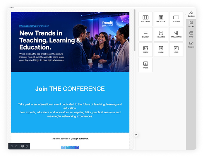 Editing an event website in the SharEvent builder, with the content blocks panel