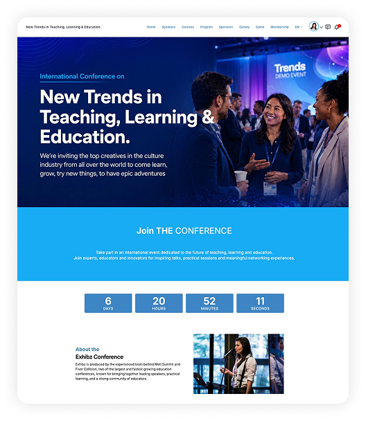 The published event website with menu, cover, countdown and presentation section